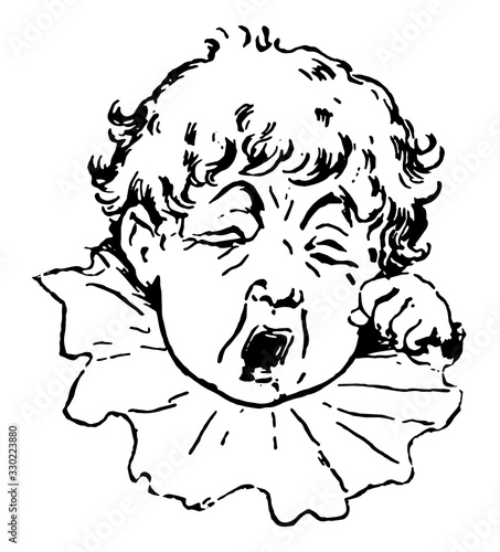 A little boy wiping a tear, vintage engraving.