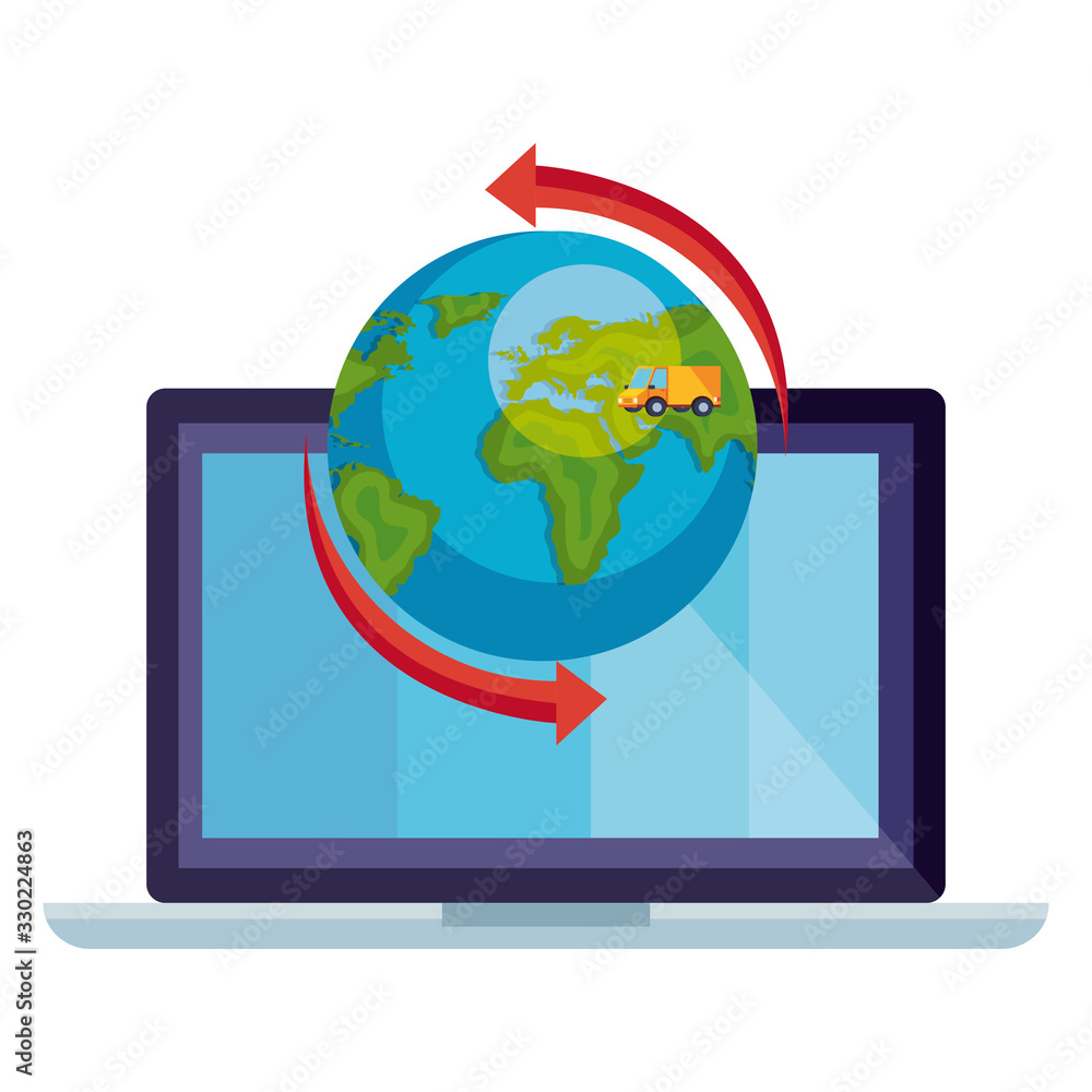 world planet earth with laptop and van logistic service vector illustration design world planet earth with laptop and van logistic service vector illustration design