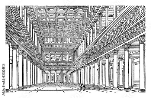 Interior of Trajan's Bascilica, as restored by Canina, vintage engraving. photo