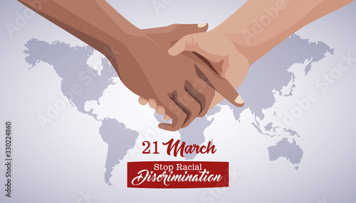 stop racism international day poster with hand shake and planet