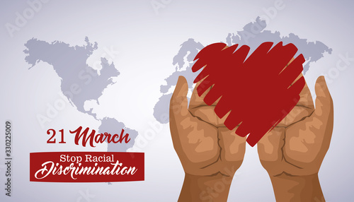 stop racism international day poster with hands lifting heart