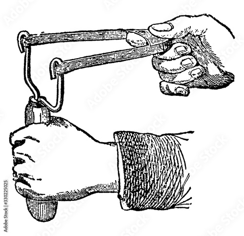 Sling Shot boy's toys, vintage engraving.