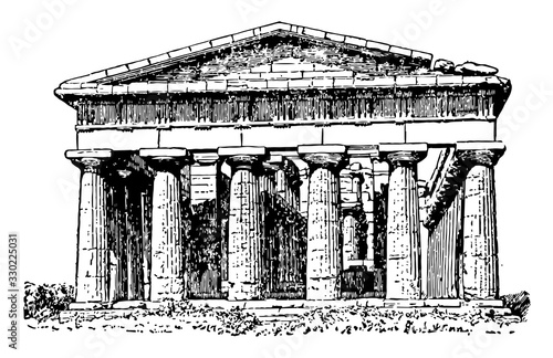 Poseidon Temple,  at Paestum, vintage engraving.