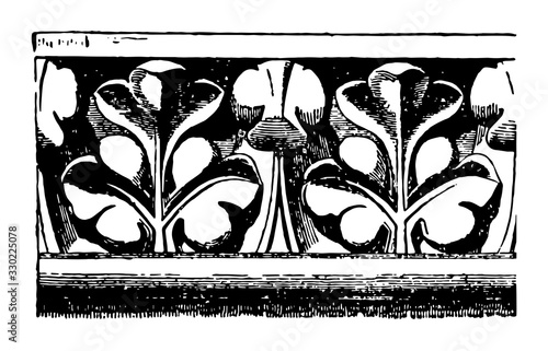 Cornice Molding  from Notre Dame, Paris, ledge,  horizontal decorative molding,  top of an interior wall, vintage engraving.