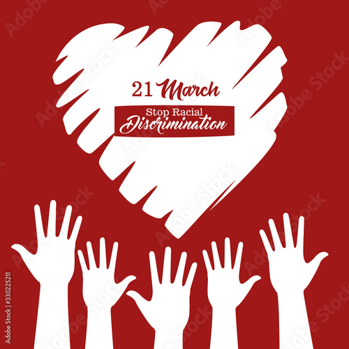 stop racism international day poster with hands silhouettes and heart