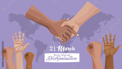 stop racism international day poster with hands and planet earth