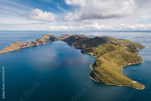 Aerial view of Island of the Sun (Spanish: Isla del Sol ) on Lake Titicaca, the highest navigable lake in the world, in Bolivia, South America.