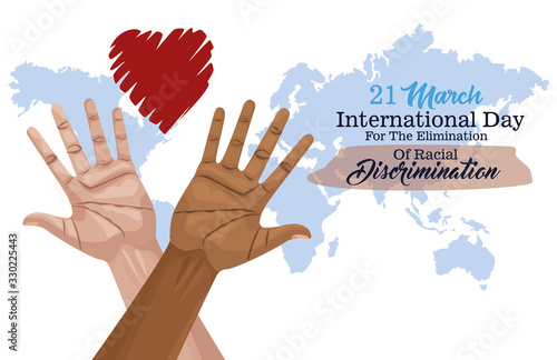 stop racism international day poster with hands and heart planet