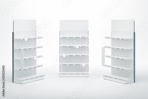3D image set of grocery retail shelving with different staying angle and with toppers, stoppers, wobblers and shelf talkers with price tags on isolated background photo