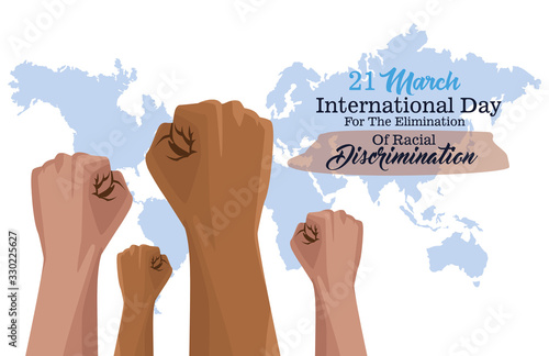 stop racism international day poster with hands and planet earth