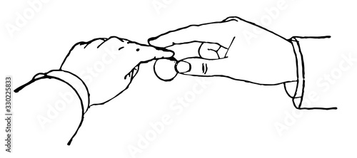 Hands preparing to spin a coin, vintage engraving.