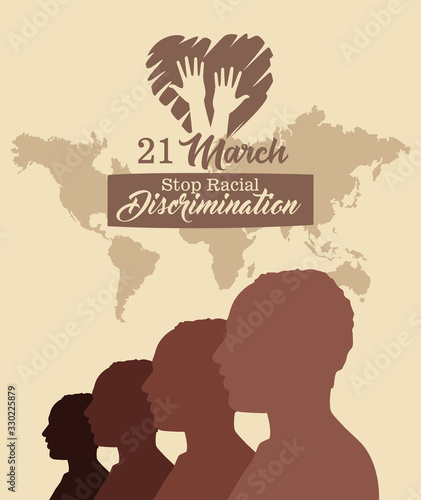stop racism international day poster with men profiles silhouettes