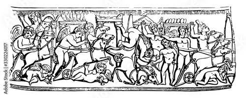 Circus,  an ancient bas relief, vintage engraving.