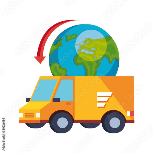 delivery service van with world planet isolated icon vector illustration design