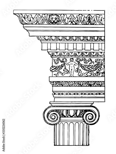 Ionic Order,  classical orders of classical architecture, vintage engraving.