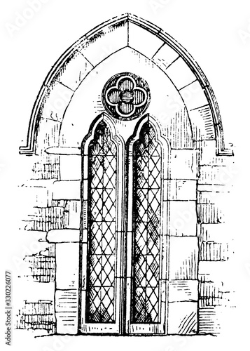 Two-light lancet, tallest window at the centre,  vintage engraving.