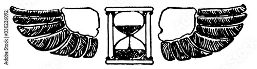 Hourglass Tailpiece have a Winged Hourglass in centre of two big leaves, vintage engraving.
