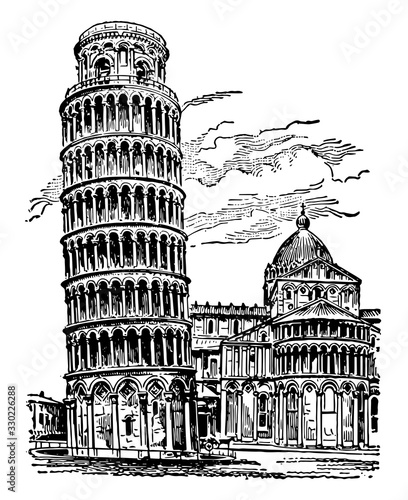 Leaning Tower of Pisa, The most remarkable buildings, vintage engraving.