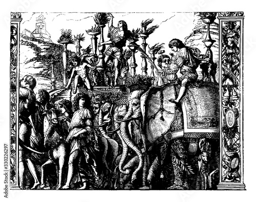 Part of the Triumphs of Julius Cesar can now be found Hampton Court in Kensington Palace, vintage engraving.