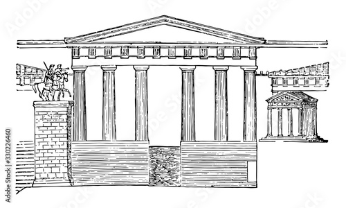 Propylea restored,  Temple of Nike Apteros, vintage engraving.