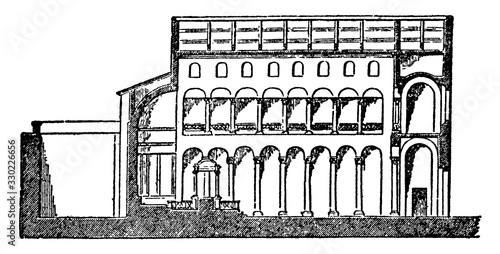 Basilica of St Agnese, Section of Basilica at Rome, vintage engraving.