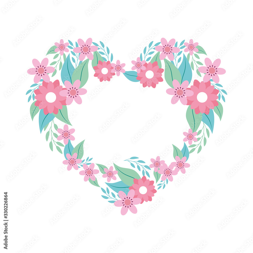 heart of flowers pink with branches and leafs vector illustration design
