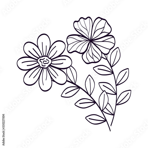 cute flowers with branches and leafs line style icon vector illustration design