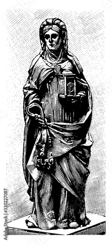 Temperance are holding her attributes a yoke and a clock, vintage engraving.