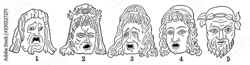 Tragedy Mask used in Tragedy in this picture, vintage engraving.
