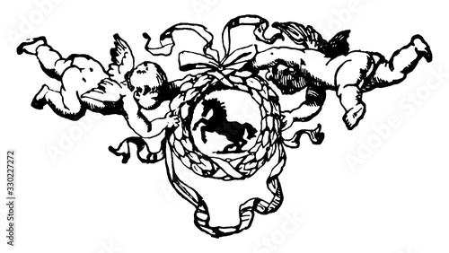 Foto Wreath with cherubs have a horse center in its design, vintage engraving