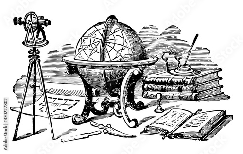 Globe or multiple instruments used for navigation, vintage engraving.