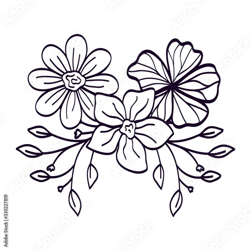 cute flowers with branches and leafs line style icon vector illustration design