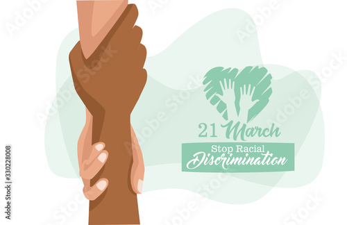 stop racism international day poster with interracial handshake