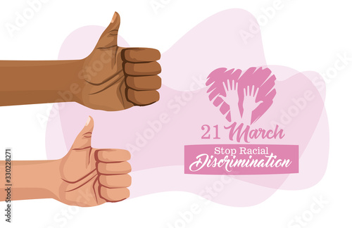 stop racism international day poster with interracial hands fist