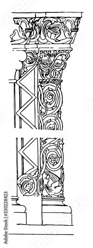 Carved Pier, in church at St. Jak, Hungary,   vintage engraving.