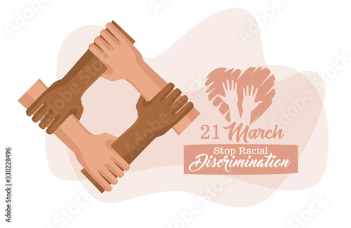 stop racism international day poster with interracial hands intertwined