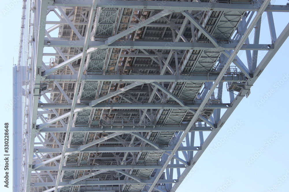 underside of The Akashi Kaikyo Bridge, the longest central span of any suspension bridge in the world