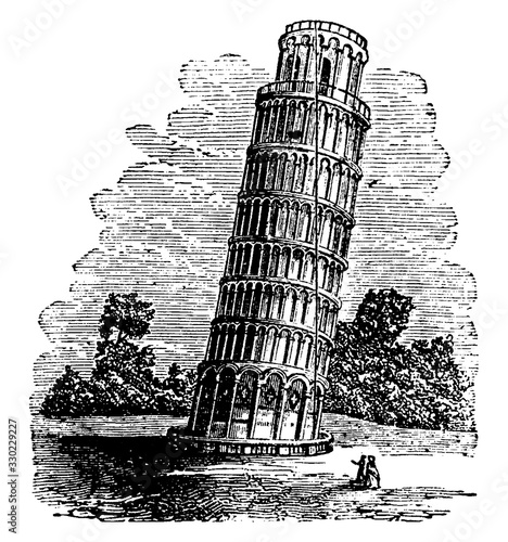 Tower of Pisa,  located in Italy, vintage engraving.
