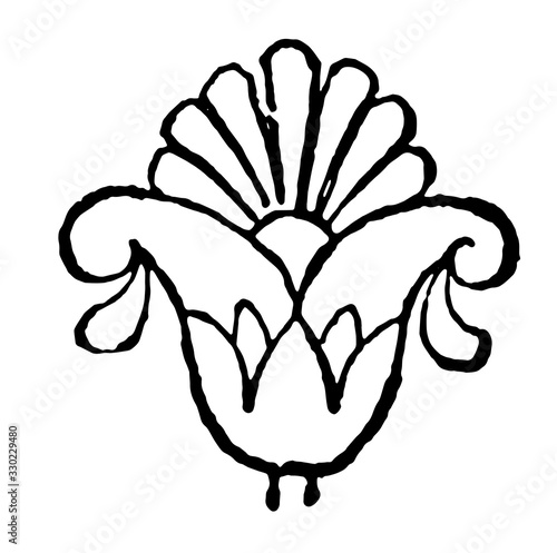 Lotus-Palmette with Tabs is predominately used as an isolated or terminal motive, vintage engraving.