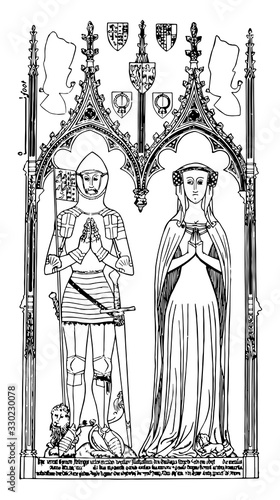 Brass monument is Sir Symon de Felbrigge and Margaret his wife statue, vintage engraving. photo