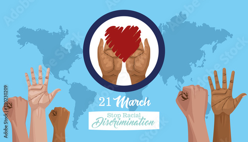 stop racism international day poster with hands and heart planet