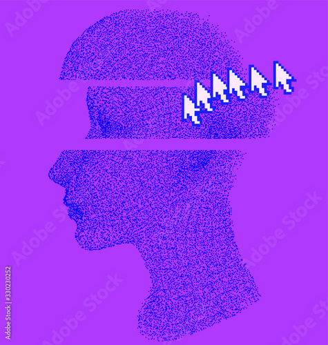 Glitched and pixelated wireframe of human head. Concept illustration of Artificial intelligence, Machine learning and Cybernetics.