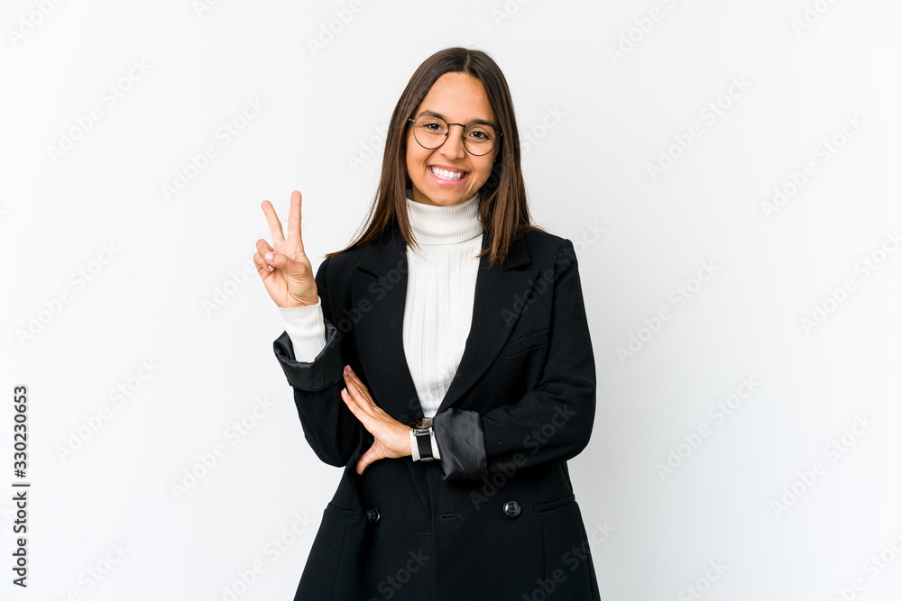 Young mixed race business woman isolated on white background showing number two with fingers. Young mixed race business woman isolated on white background showing number two with fingers.