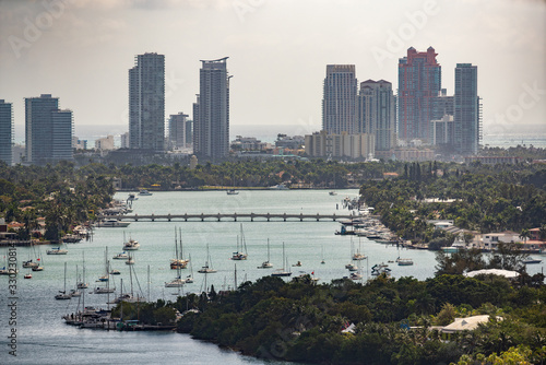 Aerial miami photo with boats islands and highrise towers