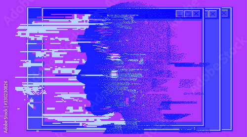 Pixel art illustration with human head made of particles. Concept illustration of Artificial intelligence, Machine learning and Cybernetics. Vaporwave retrofuturistic style.