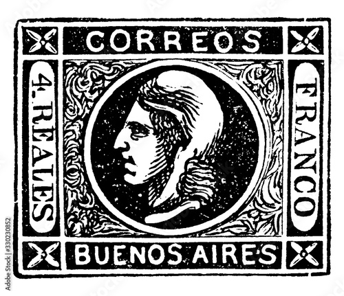 Buenos Ayres 4 Reales Stamp, 1860, vintage illustration