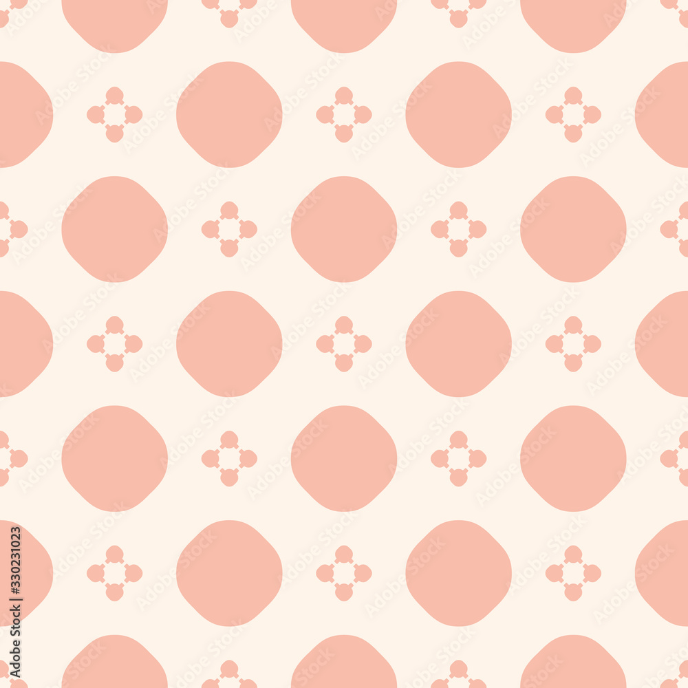 Vector minimalist floral geometric seamless pattern. Simple abstract texture with small flower silhouettes, dots, circles. Subtle pink and beige background. Repeating design for decor, textile, cloth