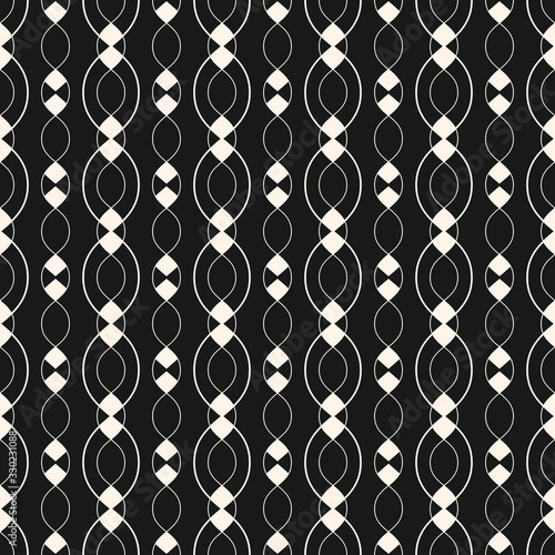 Subtle geometric seamless pattern with smooth wavy shapes, chains, thin curved vertical lines. Abstract monochrome repeat background. Black and white texture. Dark decorative design. Stock vector