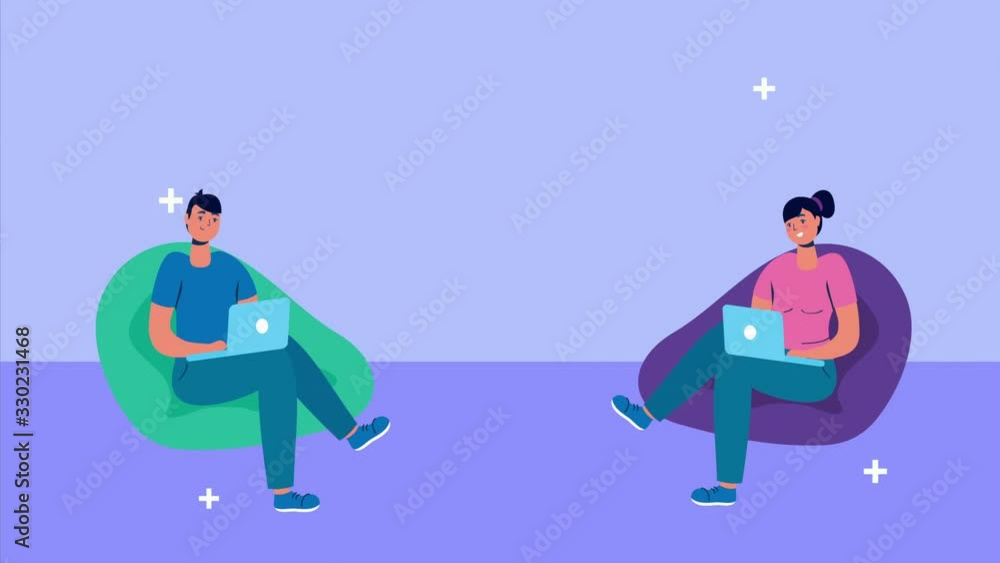 couple using laptops with social media icons couple using laptops with social media icons