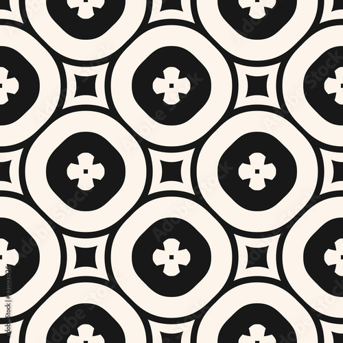 Vector monochrome floral seamless pattern. Luxury geometric background with big flower shapes, circles, squares, repeat tiles. Simple abstract ornamental texture. Design for decor, wallpapers, ceramic